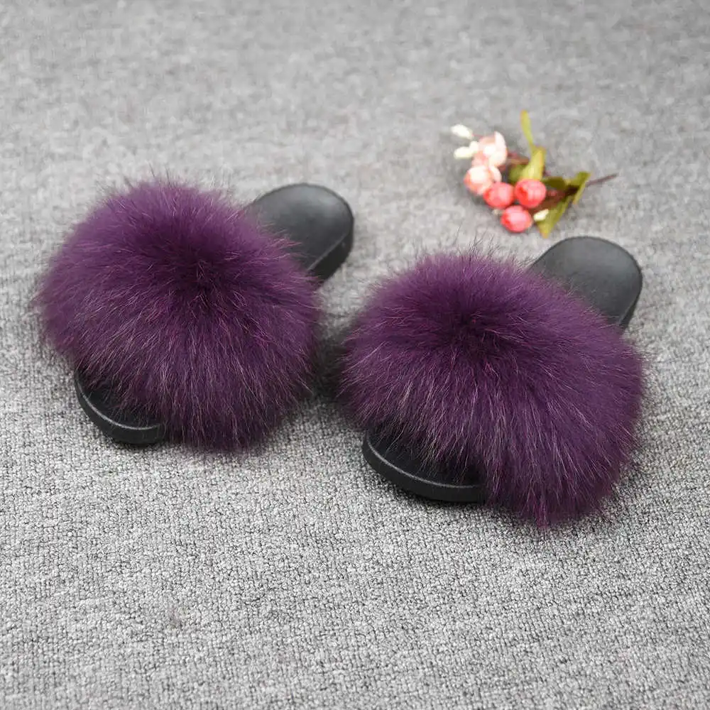 Raccoon Purple Женские шлепанцы с натуральным мехом енота; модные стильные шлепанцы; сезон весна-осень-зима; Домашние вьетнамки на плоской подошве; S6020A - Цвет: Raccoon Purple