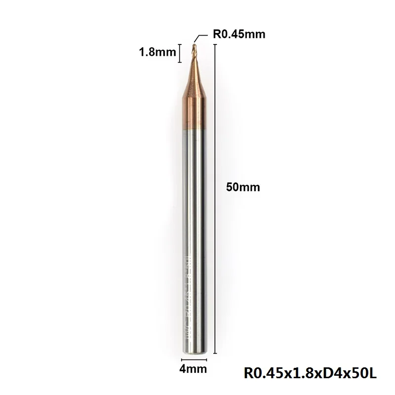 R0.45xD4x50L 1 шт. 0,1-0,45 мм микро сферическая Концевая фреза 2 флейты Вольфрамовая сталь ЧПУ фреза с покрытием TiCN фреза - Длина режущей кромки: R0.45xD4x50L
