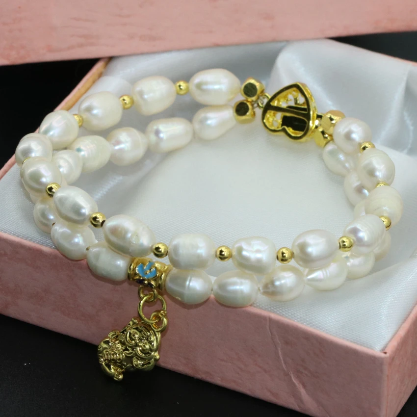 Free shipping top quality 7-8mm white natural freshwater cultured barrel rice pearl two rows clasp bracelets jewelry 8inch B2759 | Украшения