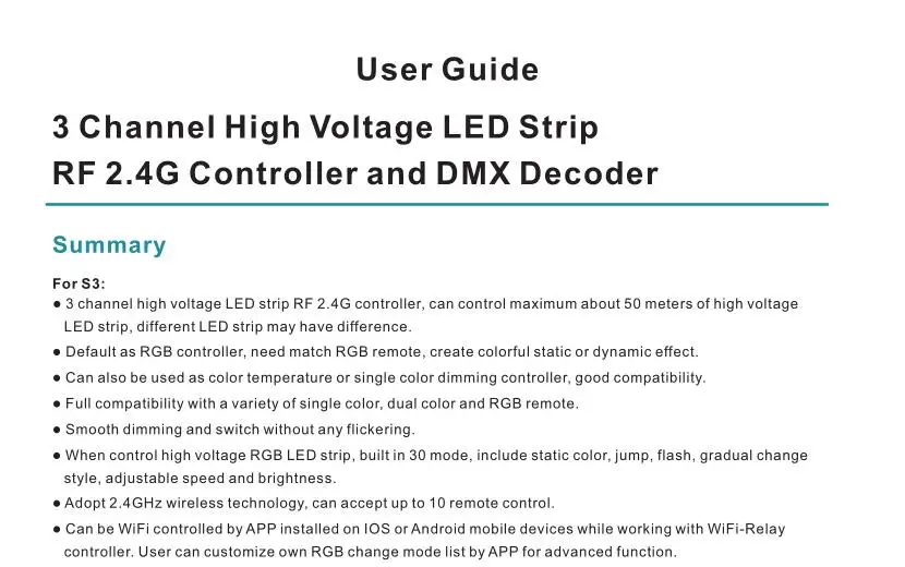 S3-DX; 3 канала высокое напряжение DMX декодер; 110-240VAC вход; 110-200VDC/3CH, 2A/канальный выход;