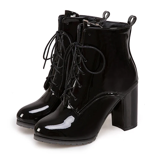 black shoes Gdgydh/большой размер 48; женские ботинки из лакированной кожи; обувь на высоком каблуке со шнуровкой; Демисезонная обувь черного цвета; женские ботильоны на молнии - Цвет: black shoes