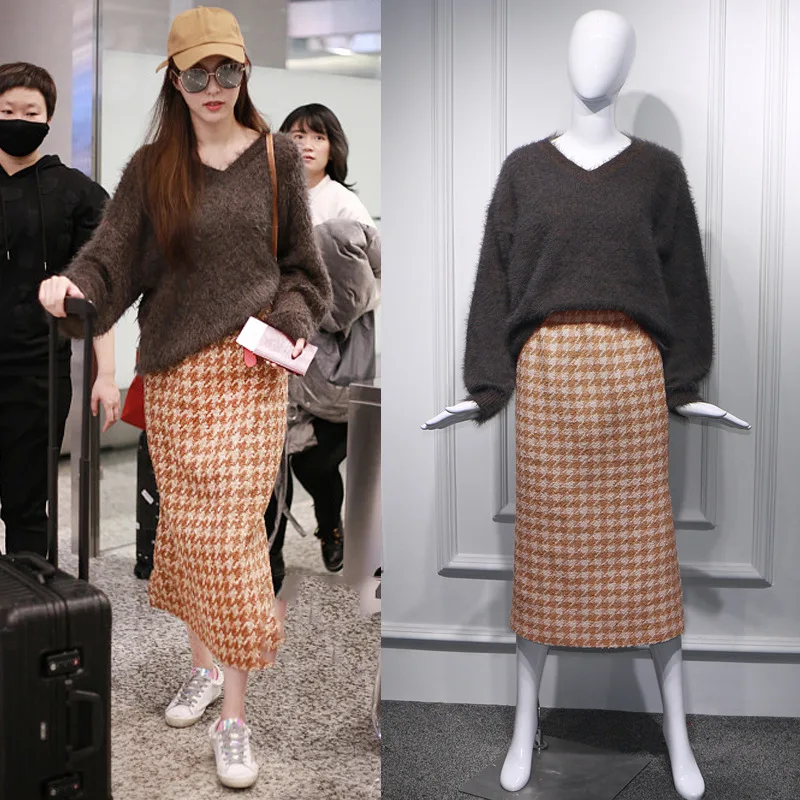 Женский свитер оверсайз из мохера с v-образным вырезом винтажная шерстяная юбка