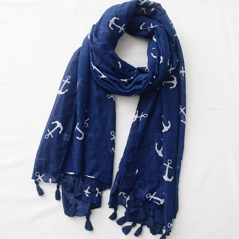 Navy Blue Модная шаль из вискозы с изображением океана, якоря, кисточкой, женский шарф, высокое качество, Пляжная летняя накидка на шею, палантин, мусульманский хиджаб, снуд - Цвет: Navy Blue