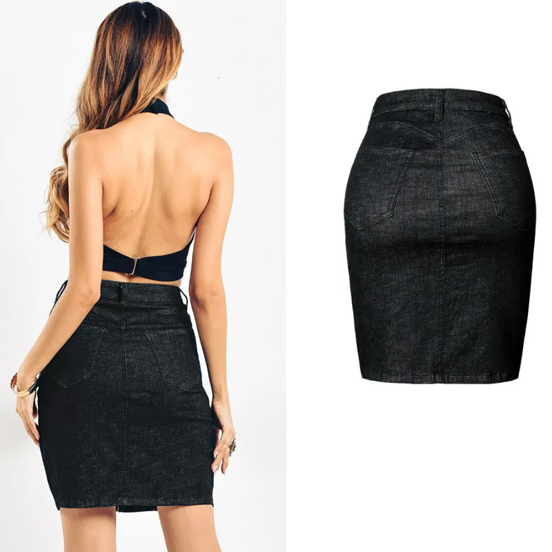 Женская джинсовая мини юбка LOGAMI облегающая с заклепками и высокой талией черного