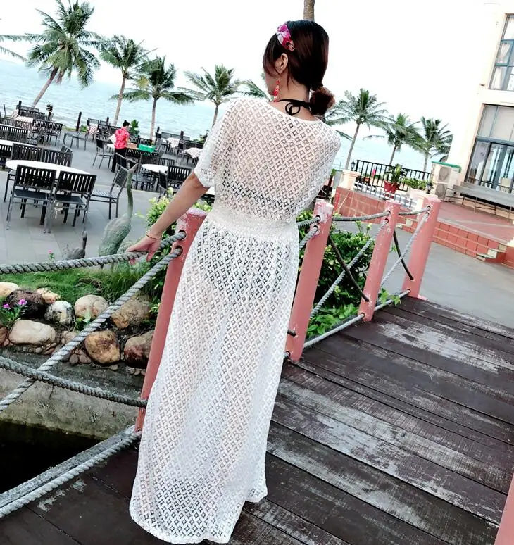 

Women's summer sexy hollow out white lace dress lady's short sleeve sunscreen beach vacation Floor-Length lace dress TB386