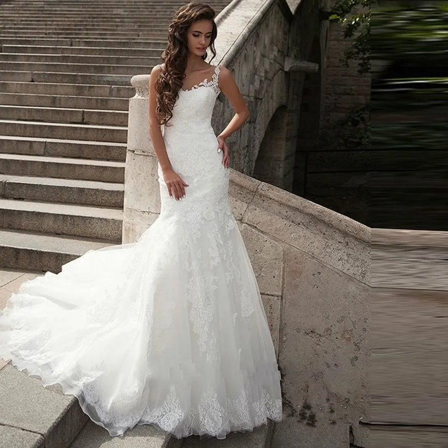 

Elegant Lace Appliques Mermaid Wedding Dresses 2021 Sexy Sheer Back Wedding Gowns White Ivory vestido de noiva Custom made