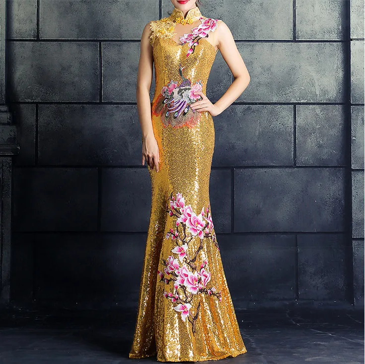 Red Chinese Wedding Dress Female Long Cheongsam Gold Slim Chinese Traditional Dress Women Qipao for Wedding Party embroidery