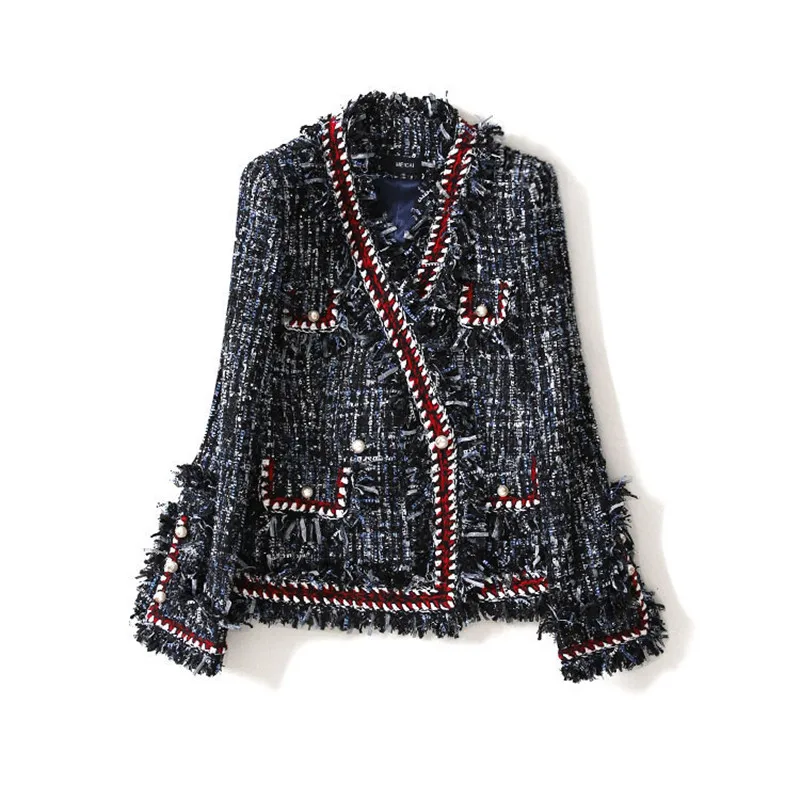 

Handmade Luxury Blazer Suits for Women Fashion Tweed V Neck Double Breasted Pearl Buttons Tassel Blazers Coat
