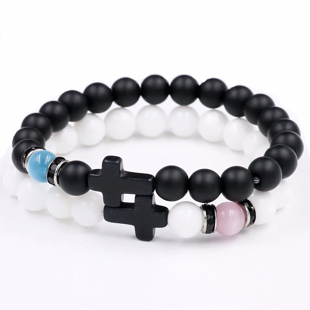 Мужской браслет 8 мм с подвеской-крестом и белыми бусинами Tridacna для женщин черный