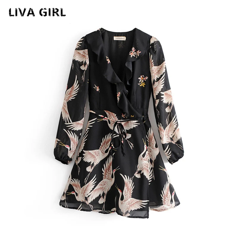 ЛИВА девушка Для женщин цветок кран Print Maxi Wrap Dress Длинные рукава Винтаж Птица узор