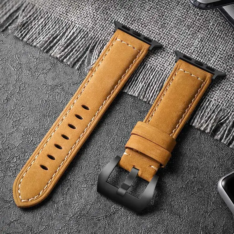 Black-Dark Yellow STJ ремешок для часов из воловьей кожи ручной работы для Apple Watch 42 мм 38 мм и Apple Watch Series 4 3 2 1 ремешок для iWatch 44 мм 40 мм браслет - Цвет ремешка: Black-Dark Yellow