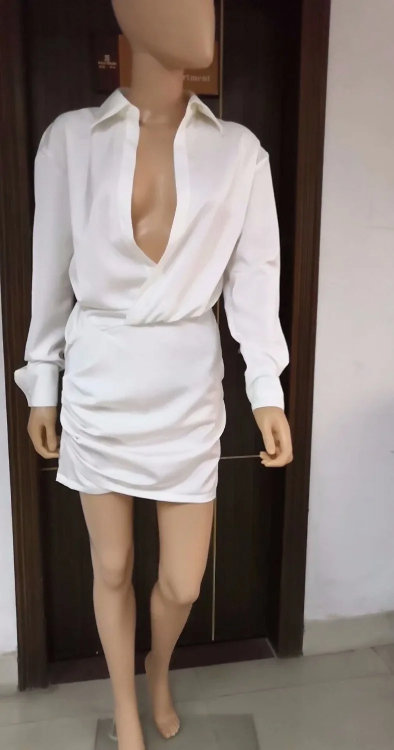 

2019 New Summer fashion Dress white Turn-down Collar long sleeve Bandage Dress Bodycon Cut Out Sexy Celebrity Party Dress