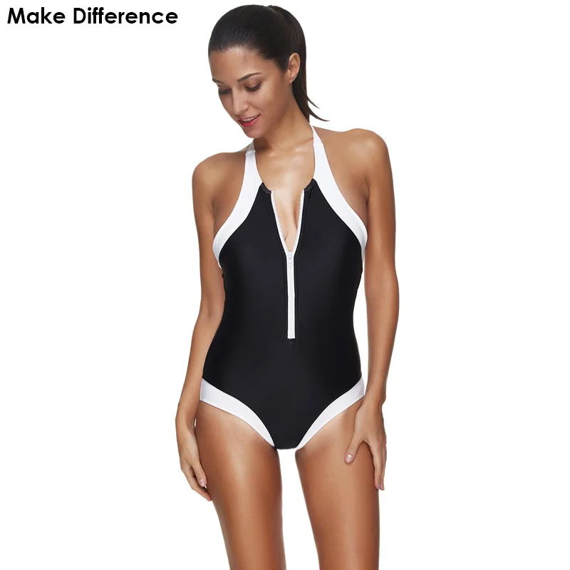 Сделать разницу бренд лайкра черный белый цвет Zip Спорт Одна деталь купальники 2018
