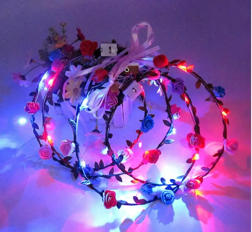 

12pcs/lot Wholesale LED Flashing Boho Bohemian Flower Garland Bride Girls LED Wreath Wedding Party Floral Headband Headdress