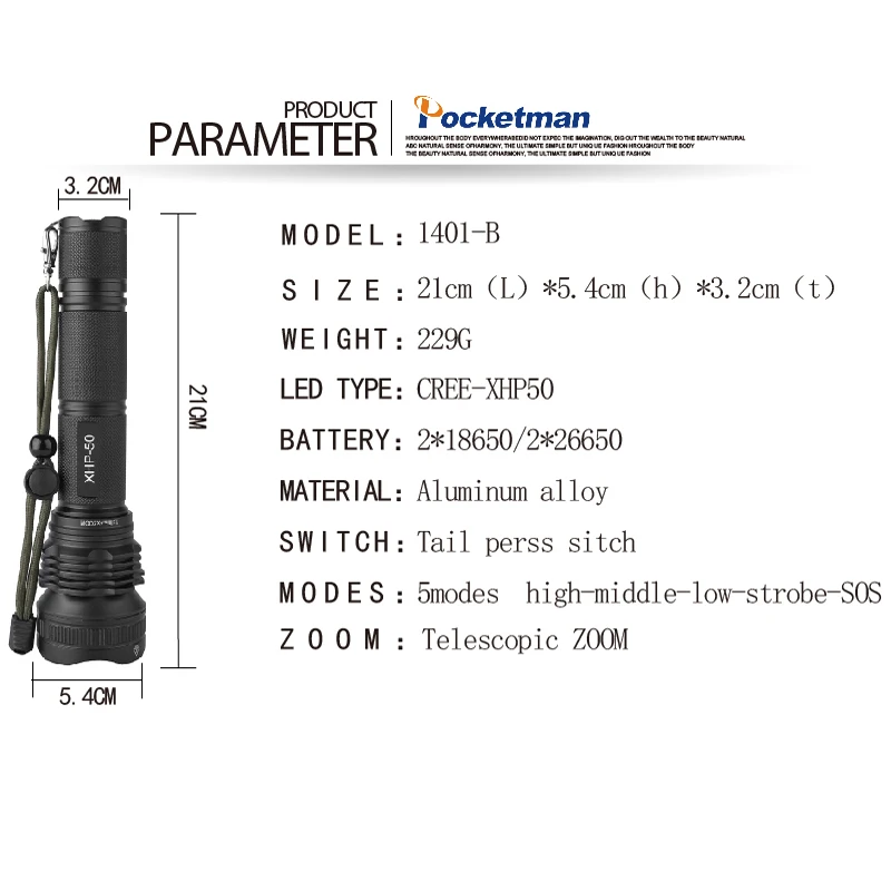 Водонепроницаемый масштабируемый светодиодный фонарик Pocketman XHP50 8000 лм