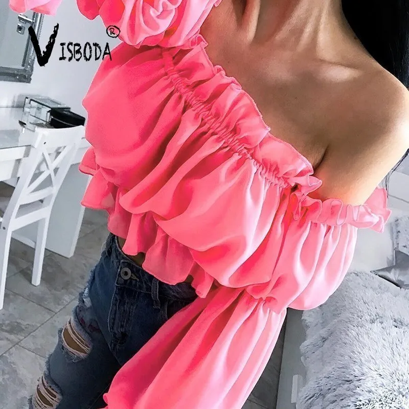 Женская Свободная блузка с открытыми плечами сексуальная розовая рубашка