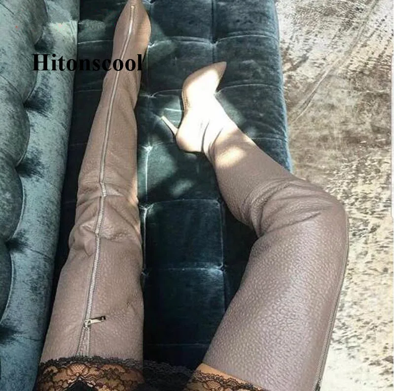 Женские зимние черные кожаные сапоги на высоком каблуке Сапоги выше колена