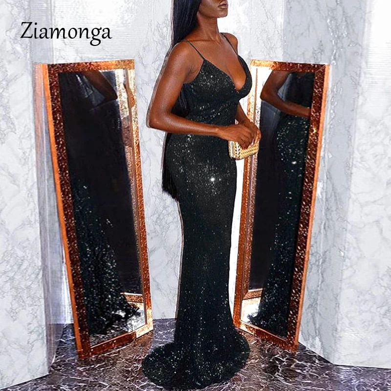 Ziamonga Summer Shiny Gold Sequined V Neck Maxi Dress Backless Maxi Dress Stretchy Backless Floor Length Formal Party Dress