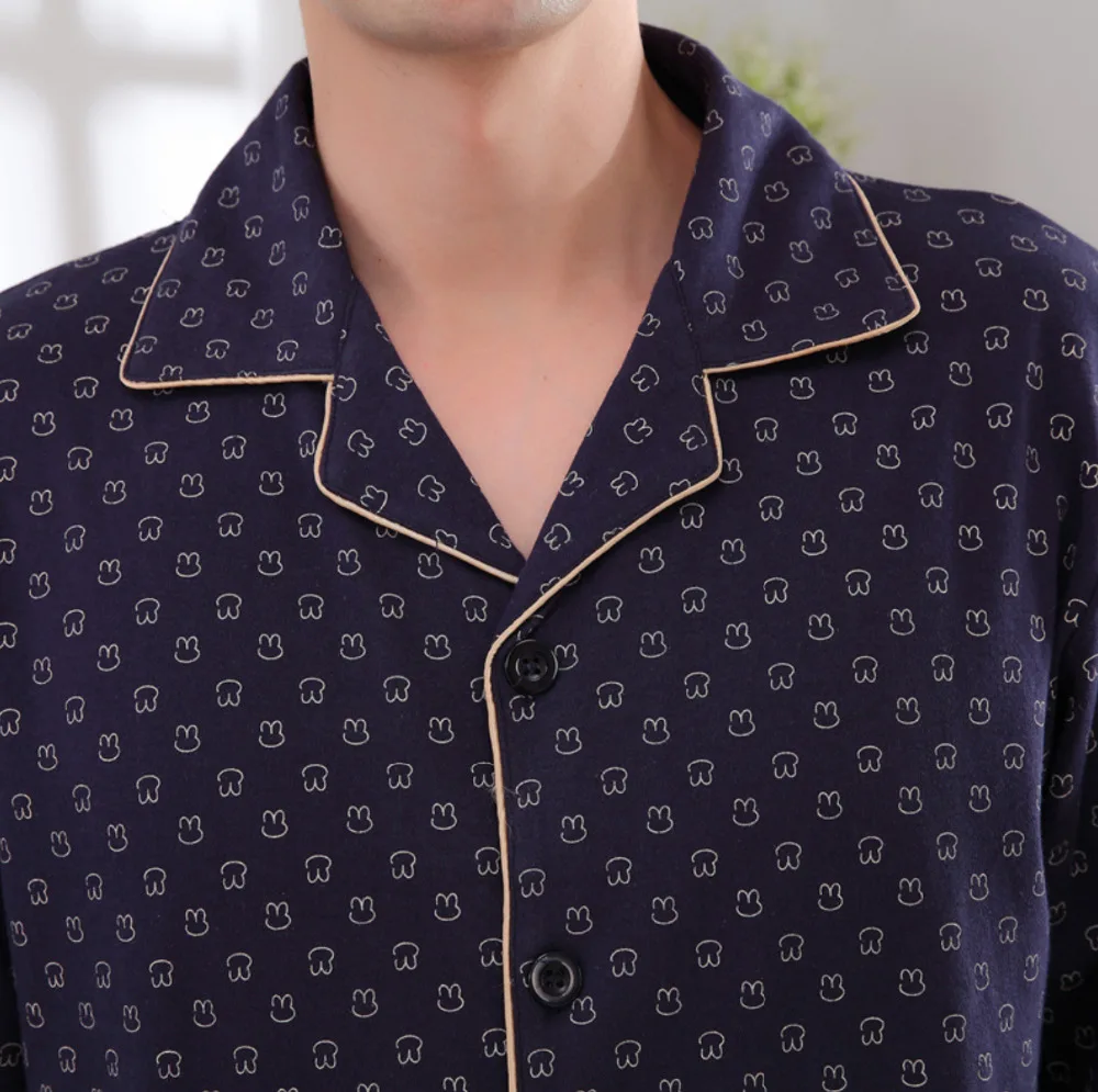 Осень и зима мужчины пижамы 100% хлопок полный отложным Воротником Классический