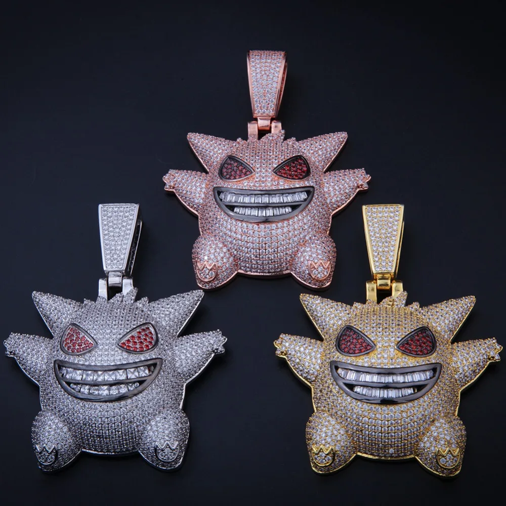Новое поступление розовая большая маска покемона Gengar кулон ожерелье для мужчин хип хоп AAA CZ Циркон Bling Ice Out Rapper ювелирные изделия 2" кубинская цепь
