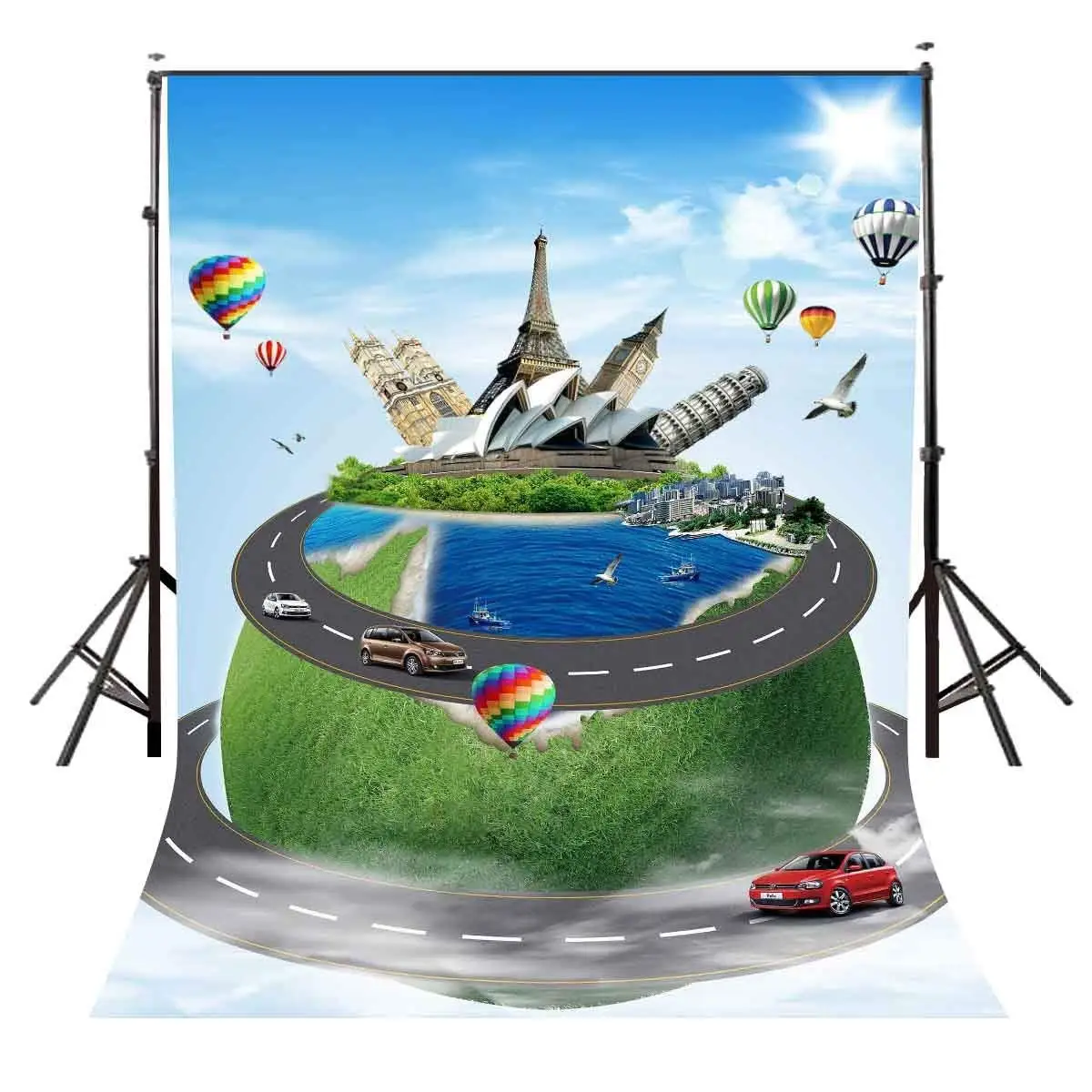 

150x220cm The World Famous Buidings with Earth Backdrop Blue Sky Designed Photography Background