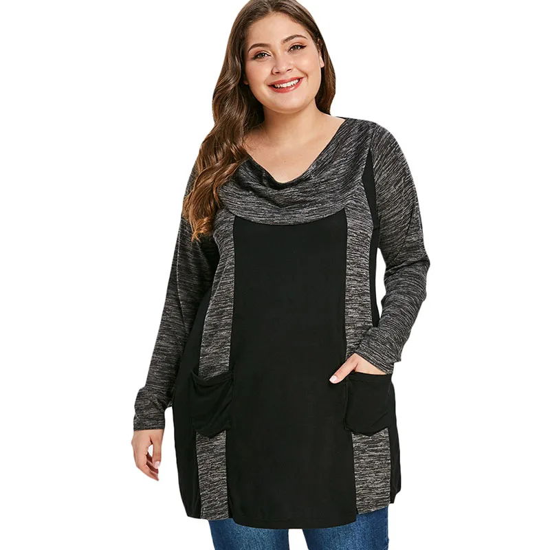 PlusMiss плюс размер 5XL свободные футболки с длинными рукавами и двойным карманом