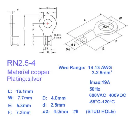 50 шт. неизолированный Соединитель с кольцом для проводов ring terminal connector terminal