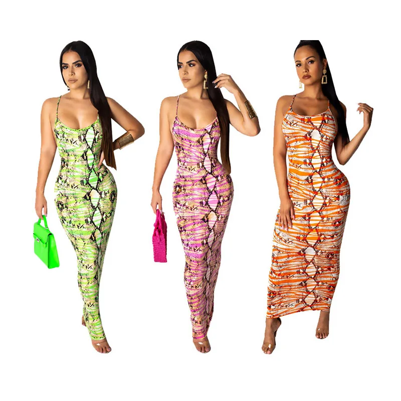 

Echoine Sexy Snake Print Spaghetti Straps Long Dress Backless Cross Bandage Dress Summer Dress 2019 3 Color