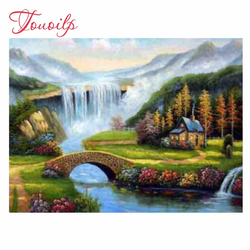 

TOUOILP 100% Full 5D Diy Daimond Painting waterfall rural Rhinestones Diamant Painting Embroidery Scenery