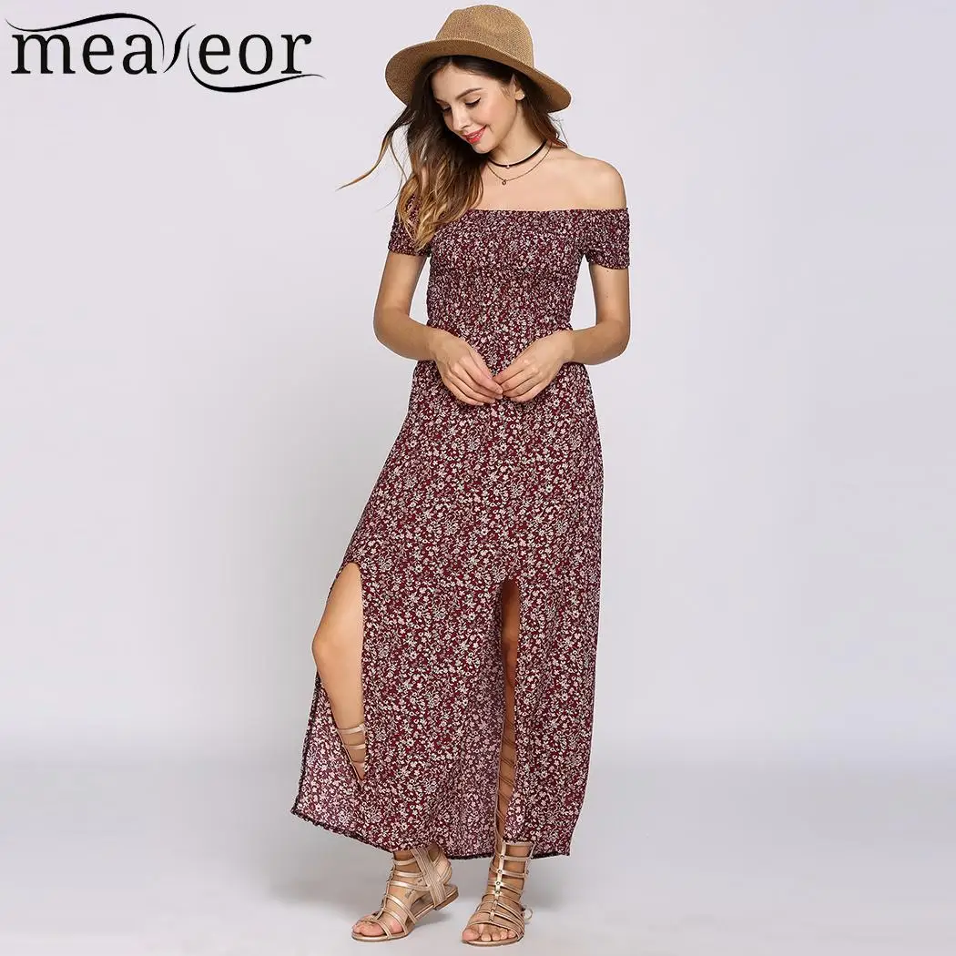 Boho рукав от плеча короткие Стиль Цветочный принт Разделение низ пляжные