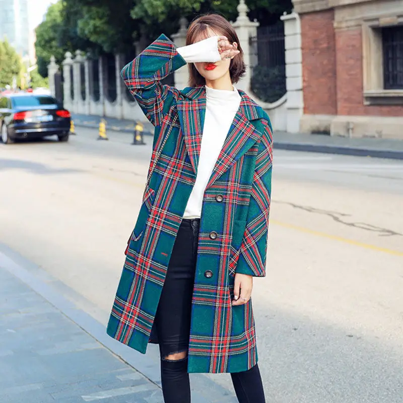 Женское шерстяное пальто в клетку Свободное длинное однобортное зимнее