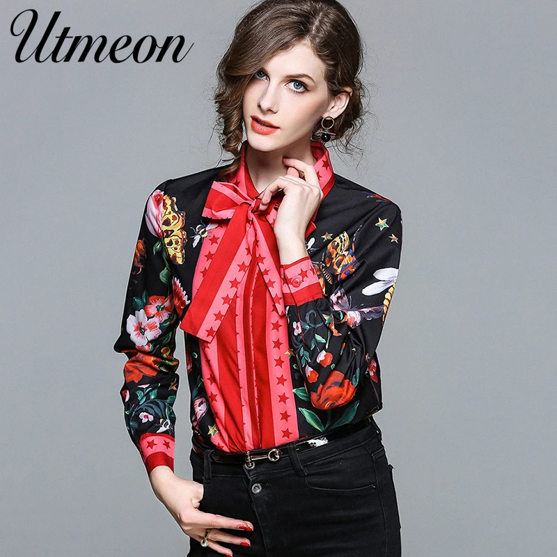 Utmeon Новый 2019 цветочный шифоновая женская блузка летние топы и рубашки с бантом