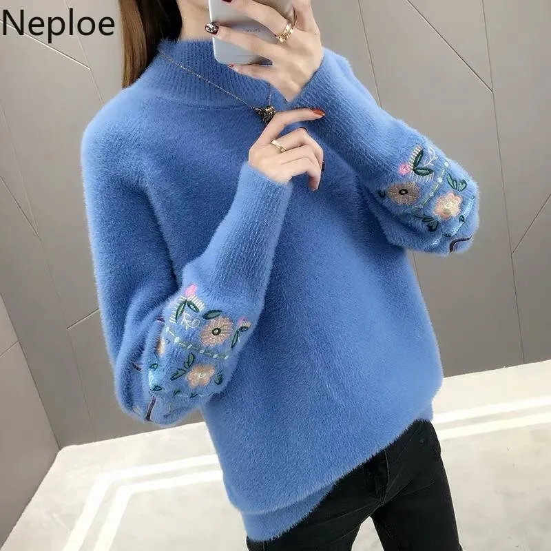 Neploe Korean Autumn Winter Loose Wild Knitted Sweaters Turtleneck Solid Flower Pullover Preppy Style Elegant Sweater 45515 | Женская
