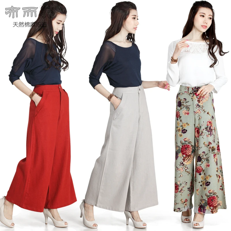 

women's printing high waist Cotton linen casual pants red pants skirt pants women's trousersWomen's Retro linen wide leg pants