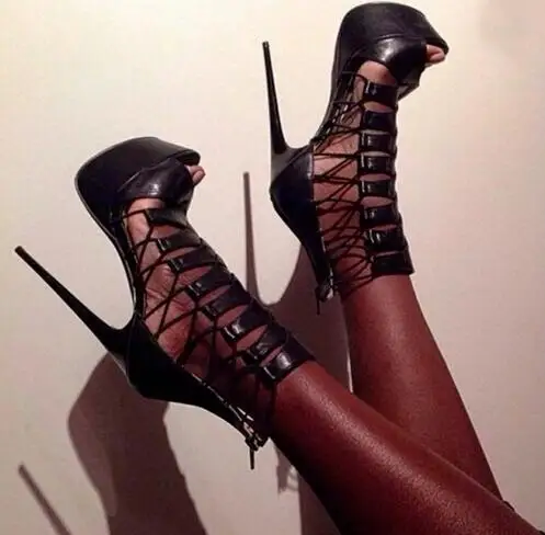 Hot Selling High Quality Black Leather Peep Toe Cut-out Cross Strap Heel Pumps Back Zipper Strappy Gladiator Boots | Обувь