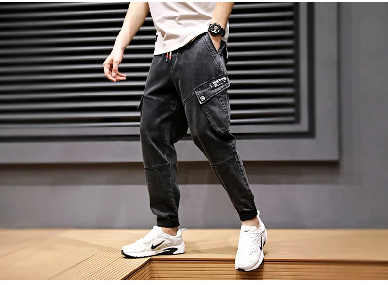 Японский стиль, модные мужские джинсы с большими карманами, джинсовые брюки-карго, шаровары, свободный крой, маленькие ноги, уличная одежда, хип-хоп джинсы для мужчин