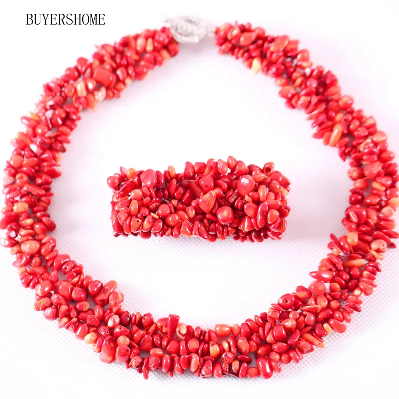 Red Coral Женский комплект ювелирных изделий неправильной формы чип бусины натуральный камень говлит гранат оникс флюоритовый кварц Кристалл Опал ожерелье браслет - Окраска металла: Red Coral