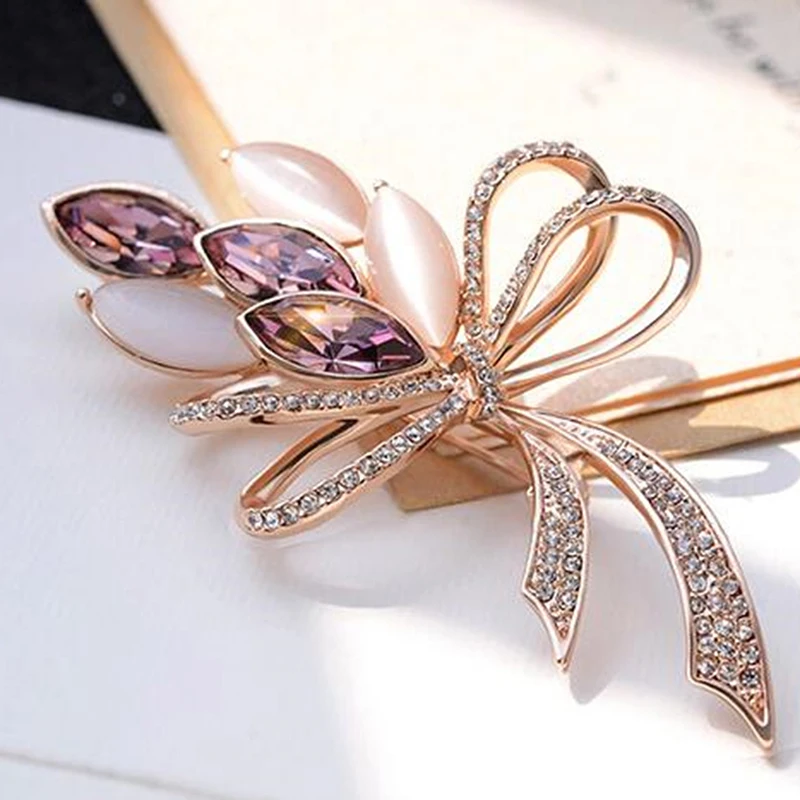 Ladies Crystal Flower Bowknot Brooches Classic Exquisite Female Golden Bright Opal Shining Bouquets | Украшения и аксессуары