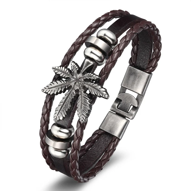 Brown Fashion Leather Bracelet For Men Women Vintage Leaf Weed Charm Bracelets Bangles 1 - Metal Color: Brown