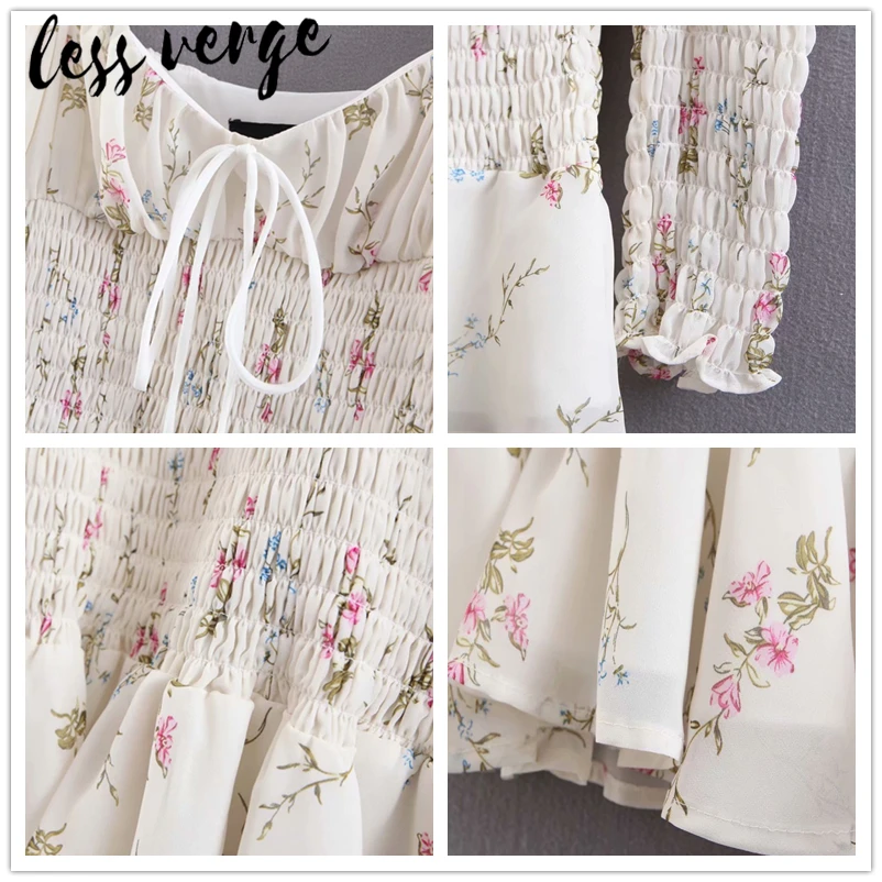 lessverge Floral pleated boho short dress summer Puff sleeve chiffon ruffle women party A line print mini beach | Женская одежда