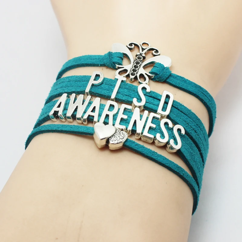 Teal Wide Velvet Band Multi Layers Butterfly Not All Wounds Are Visible PTSD Anxiety Awareness Letters Heart Charms Bracelet | Украшения и