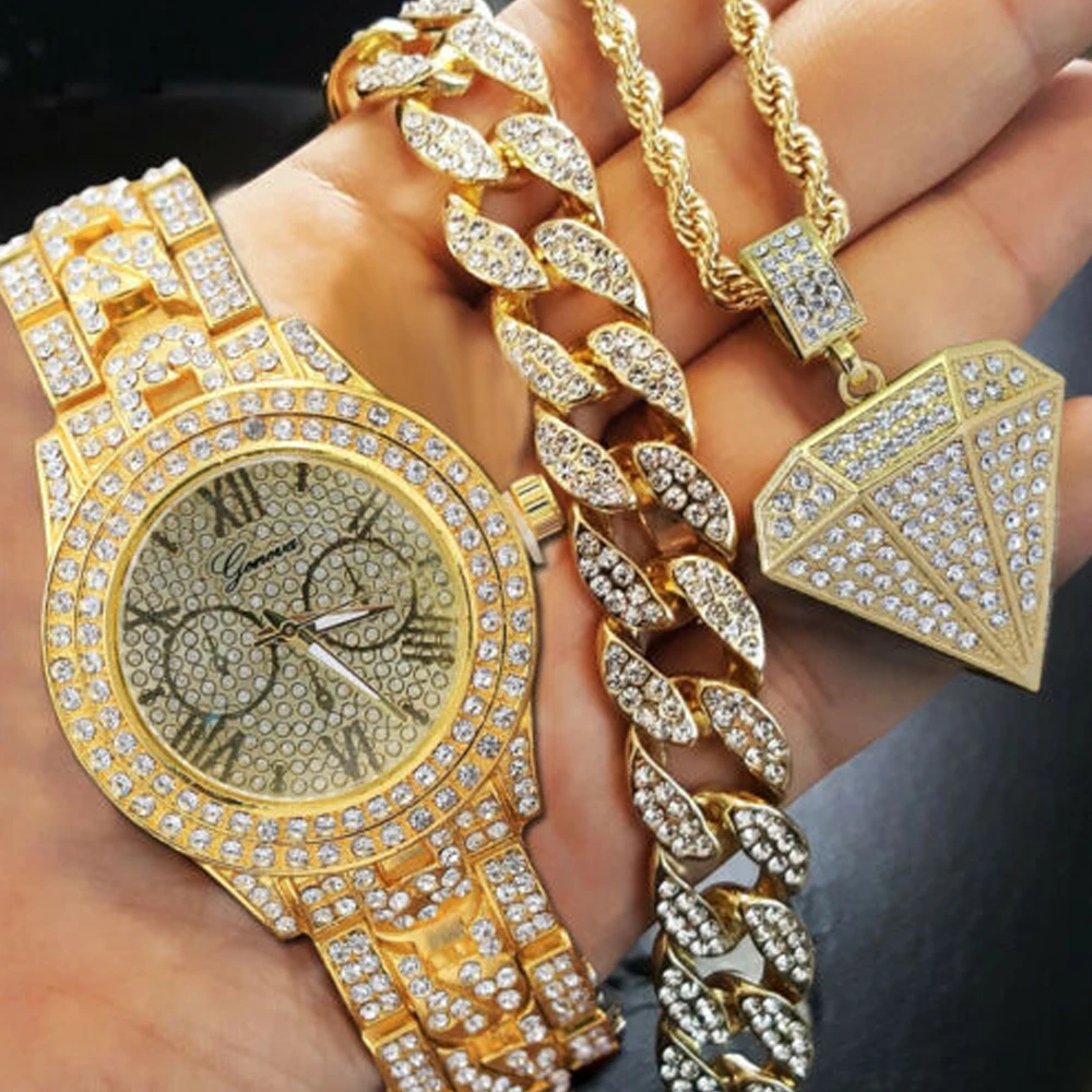 

Hip Hop Choker 8" Miami Cuban Bracelet & Crystal Rhinestone Watch & Iced Out Geometric Pendant Necklace Gold Color Jewelry Set