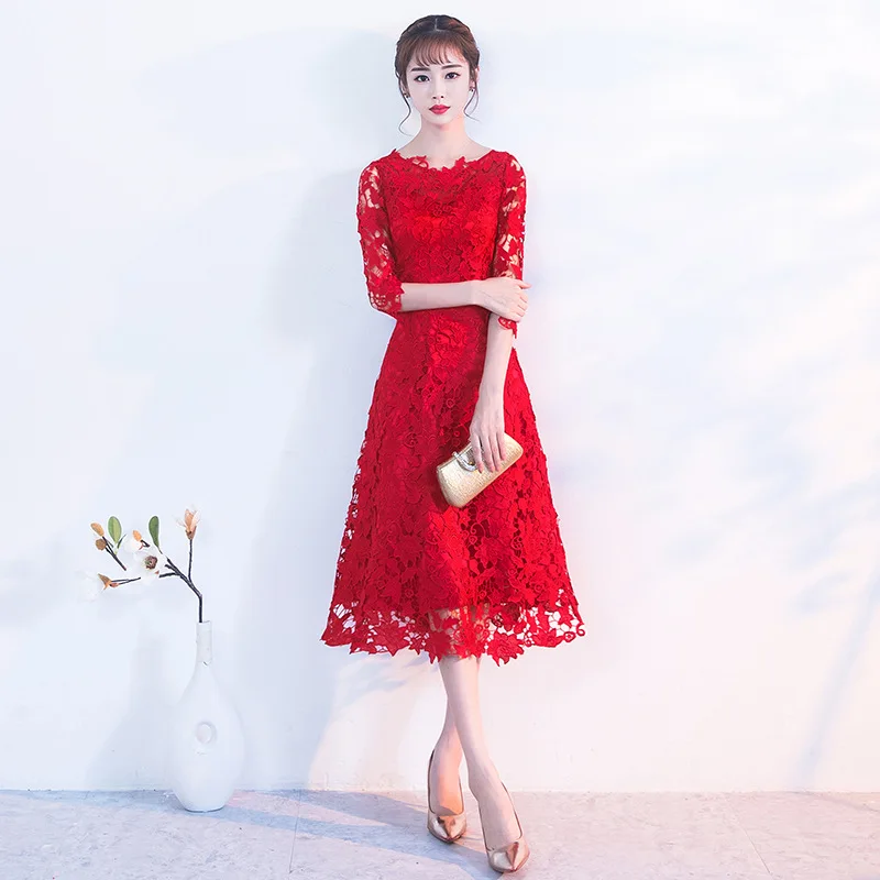 red A Вышивка красное китайское платье Qipao сексуальная Cheongsam платья Повседневное Для женщин кружева традиционные Вечернее Vestido восточные свадебные туфли - Цвет: red A