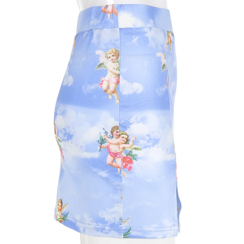 SUCHCUTE Angel Print, Сексуальная мини-юбка, Kawaii, высокая талия, юбки-карандаш, женская, с разрезом, с запахом сбоку, юбка, хлопок, летняя уличная одежда