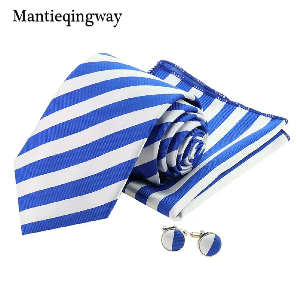 026 Mantieqingway синий формальный Gravata галстук набор для свадьбы 8,5 см большие полосы Gravats платок Запонки Наборы для мужчин - Цвет: 026