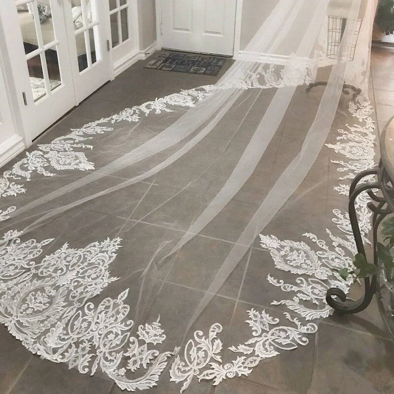 Свадебная фата длиной 2019 белая Слоновая однослойная Кружевная аппликация