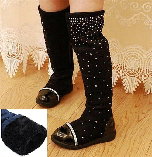 Black with Plush Обувь для родителей и детей; элегантные высокие сапоги принцессы со стразами для девочек; Детские зимние высокие сапоги ever after - Цвет: Black with Plush