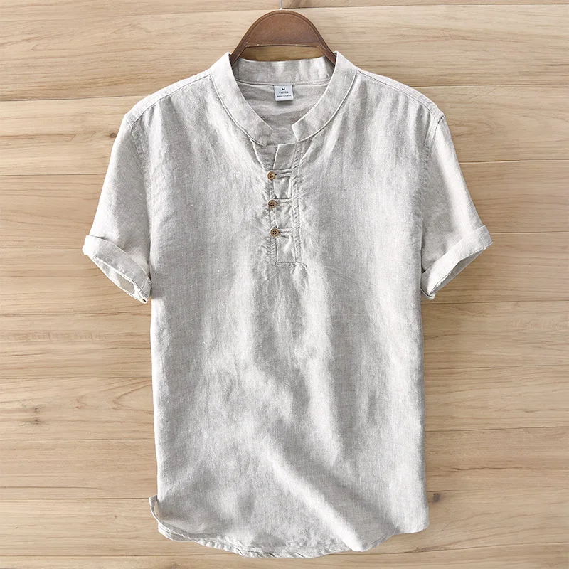 Рубашка Мужская льняная с воротником стойкой белая 100%|chemise homme|linen shirts menflax shirt men |