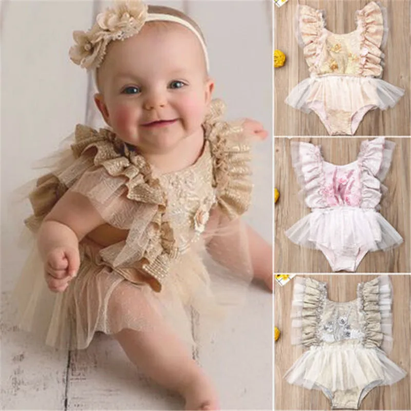 Sweet Baby Girls Lace Flower Romper 2019 Newborn Baby Girl Sleeveless Backless Romper Sexy Ruffles Mesh Jumpsuit Outfits Sunsuit images - 6