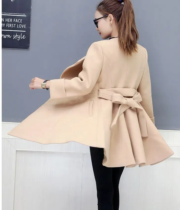 

2019 spring cloth coat long waist woolen coat loose top with belt tweed coats women solid design clothes outwear long sleeve top